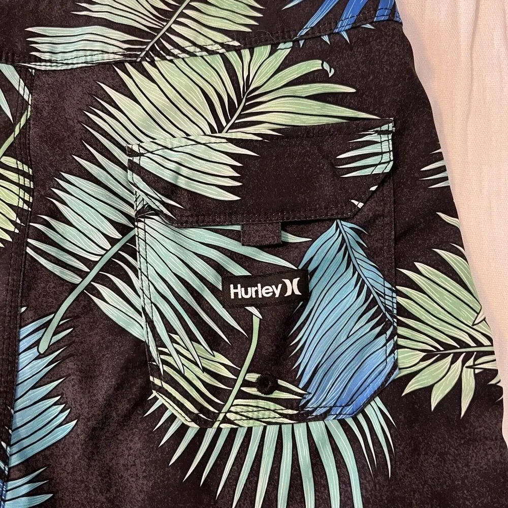 MENS HURLEY LEAF PRINT BLACK SWIM BOARD SHORTS SIZE 30 Tie Front Back Pocket